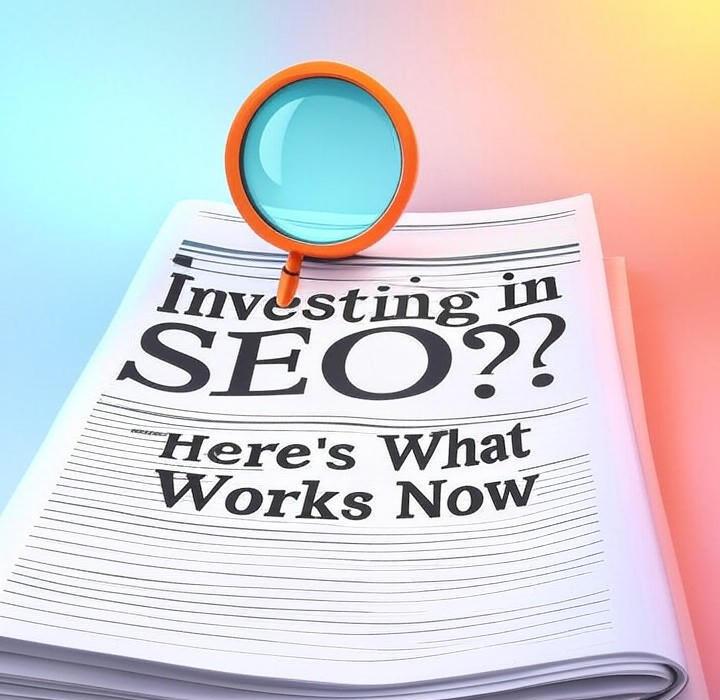 A newspaper and a magnifying glass with a vivid gradient background exploring the topic of Thinking about investing in SEO? Good. But stop what you're doing. The old rules don't apply anymore. Find out what you should be doing instead.
