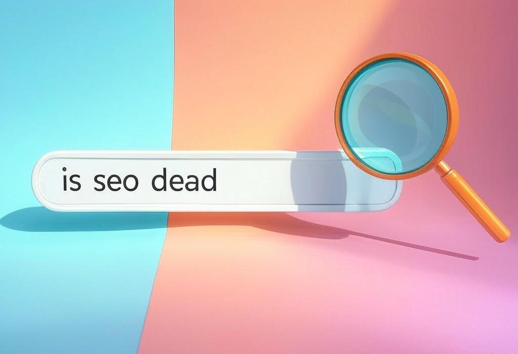A search bar and a magnifying glass with a vivid gradient background exploring the topic of Is SEO dead? Uncover the truth behind this hotly debated question and discover how search engine optimization has evolved. Find out what still works to boost your rankings now!