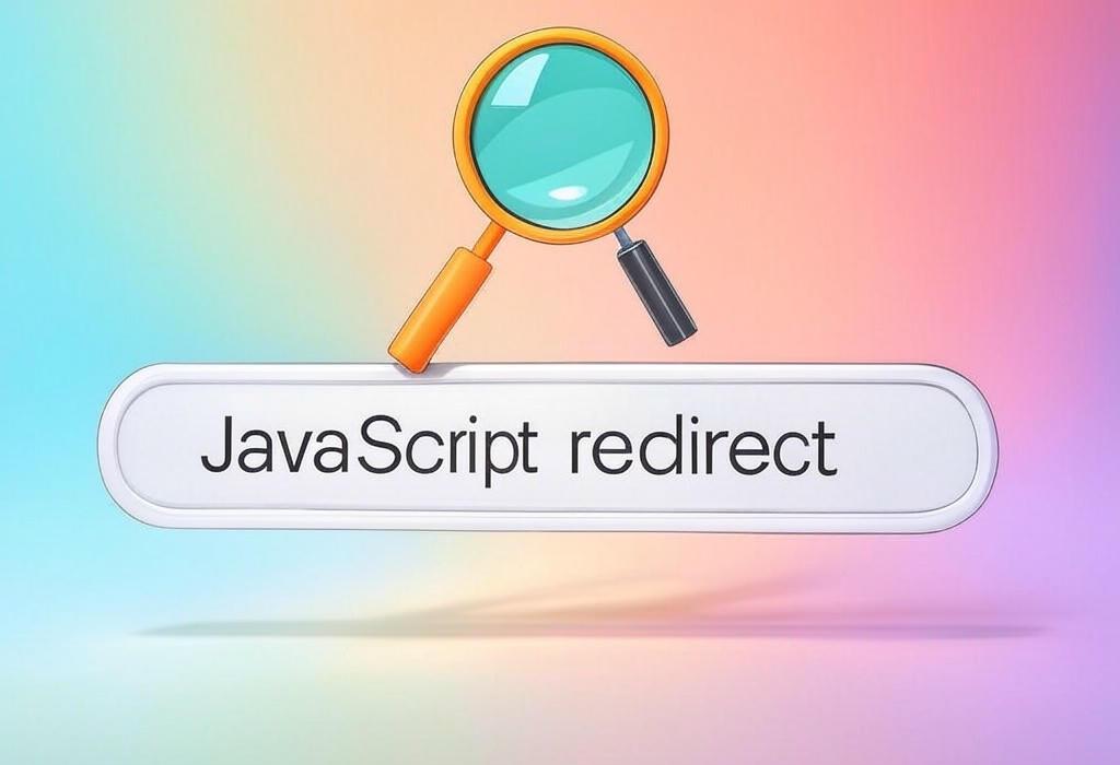 A search bar and a magnifying glass with a vivid gradient background exploring the topic of JavaScript redirect methods that actually work! Learn the secrets to smoothly send visitors to a new URL without losing traffic. Your complete guide to hassle-free page redirection.