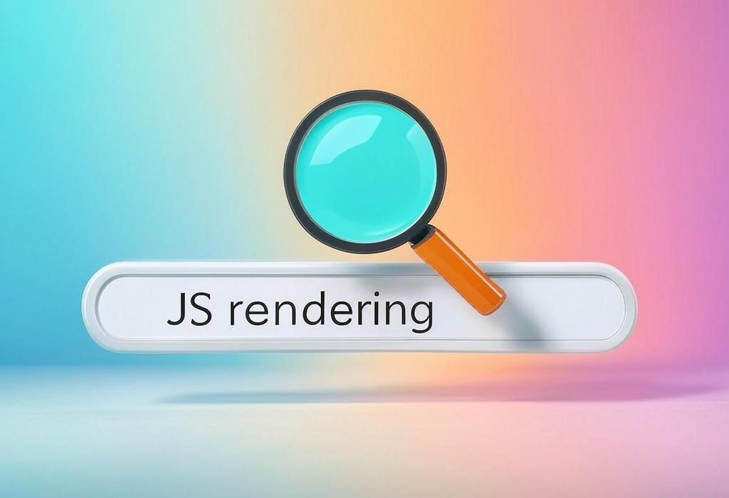 A search bar and a magnifying glass with a vivid gradient background exploring the topic of JS rendering demystified: Discover how browsers transform code into interactive websites. Learn essential techniques to boost SEO and improve user experience.