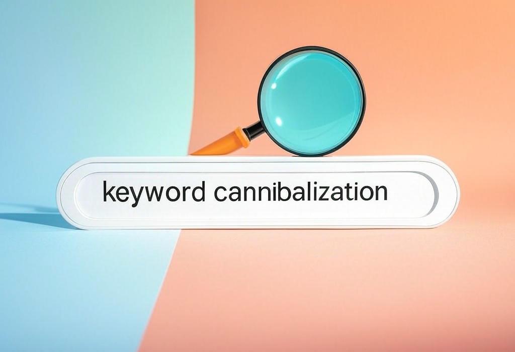 A search bar and a magnifying glass with a vivid gradient background exploring the topic of Keyword cannibalization kills your SEO efforts! Discover how multiple pages targeting the same search terms hurt your rankings and how to fix this common website mistake for better results.