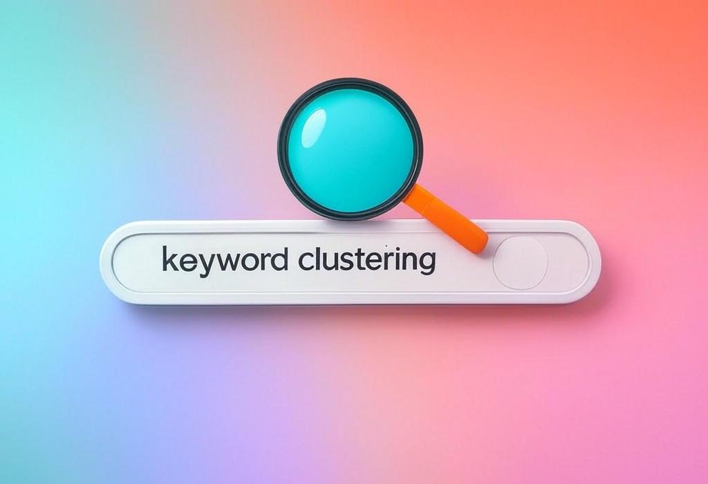 A search bar and a magnifying glass with a vivid gradient background exploring the topic of Keyword clustering simplifies your SEO strategy by grouping related terms for better content planning. Discover how this powerful technique boosts rankings while saving you hours of work!