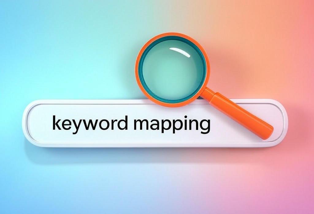 A search bar and a magnifying glass with a vivid gradient background exploring the topic of Keyword mapping unlocks hidden SEO opportunities you're missing! Learn how to organize content strategically for better rankings and connect with your target audience. Stop guessing, start mapping!