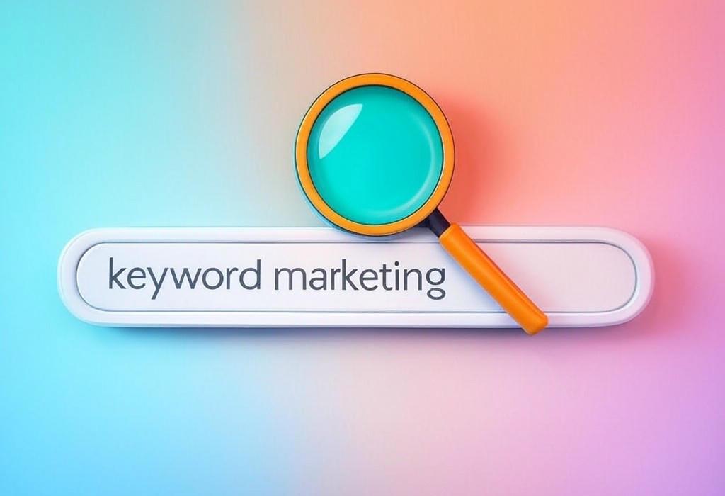 A search bar and a magnifying glass with a vivid gradient background exploring the topic of Keyword marketing unleashes your website's full potential. Discover proven strategies that boost traffic, outrank competitors, and turn visitors into customers. Get the edge you've been missing!