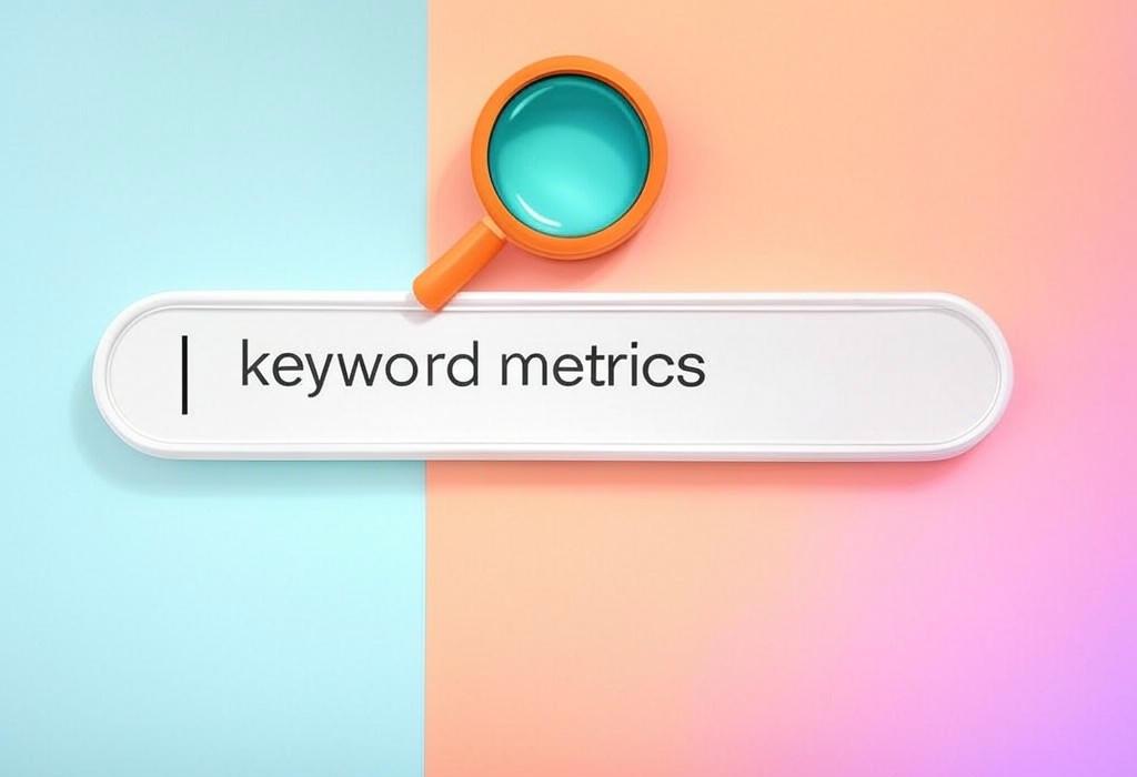 A search bar and a magnifying glass with a vivid gradient background exploring the topic of Keyword metrics demystified! Discover the secret numbers that power SEO success and drive traffic to your site. Learn how to interpret these vital stats to outrank your competition.