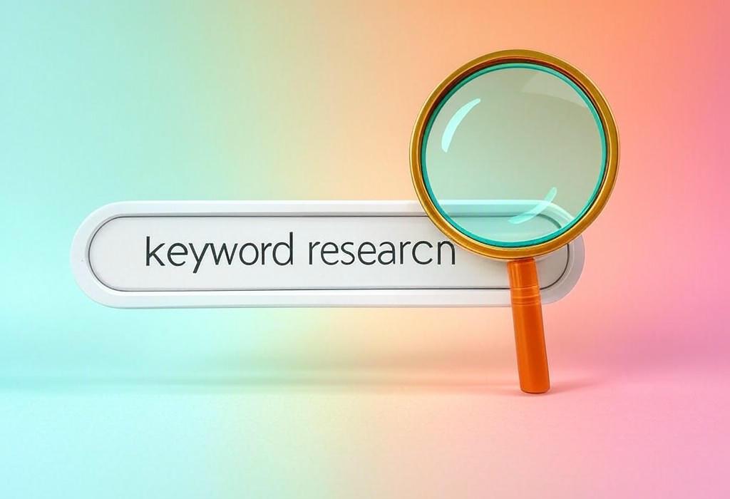 A search bar and a magnifying glass with a vivid gradient background exploring the topic of Keyword research: Unlock the secret weapon that boosts your SEO rankings and drives targeted traffic. Discover powerful strategies to find the perfect words your audience is searching for online.