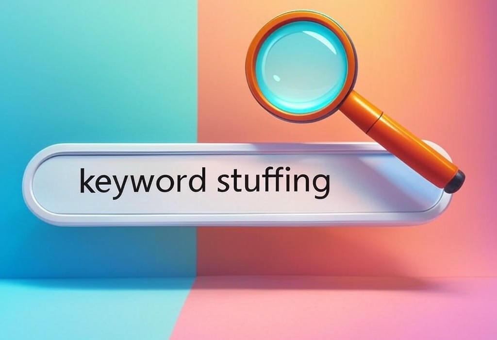 A search bar and a magnifying glass with a vivid gradient background exploring the topic of Keyword stuffing kills your SEO and annoys readers. Learn how to identify this risky tactic and discover smarter ways to rank your content while keeping Google happy.