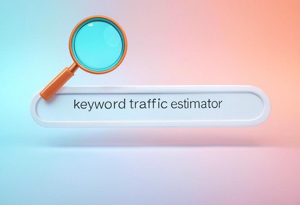 A search bar and a magnifying glass with a vivid gradient background exploring the topic of Keyword traffic estimator: Unlock your website's potential with our free tool. Predict visits, plan content, and outrank competitors. No more traffic guesswork!