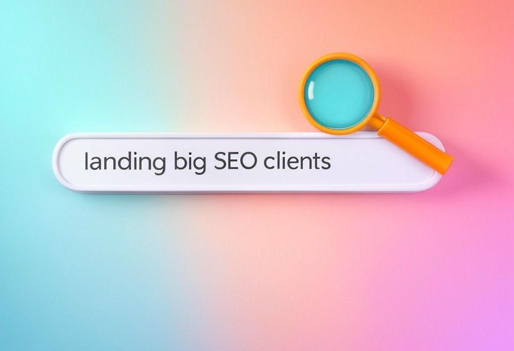 A search bar and a magnifying glass with a vivid gradient background exploring the topic of Landing big SEO clients isn't just luck. Discover insider secrets to attract, impress, and keep high-value prospects that can transform your agency from struggling to thriving. Ready for growth?
