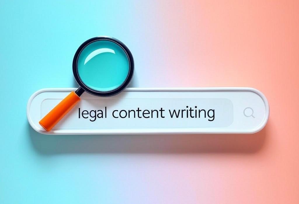 A search bar and a magnifying glass with a vivid gradient background exploring the topic of Legal content writing made simple! Discover insider tips to craft persuasive legal copy that converts prospects into clients while maintaining accuracy and compliance.