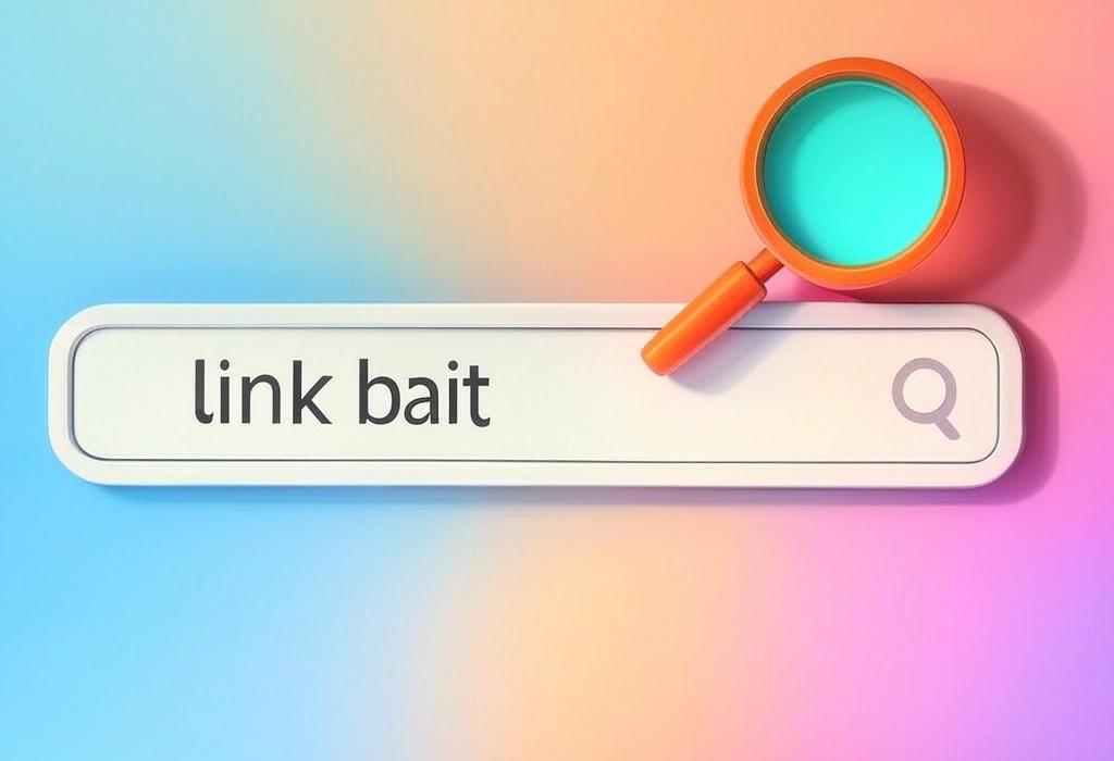 A search bar and a magnifying glass with a vivid gradient background exploring the topic of Link bait: Create irresistible content that attracts backlinks like a magnet. Discover proven strategies to make your website stand out and boost your rankings without begging for links.