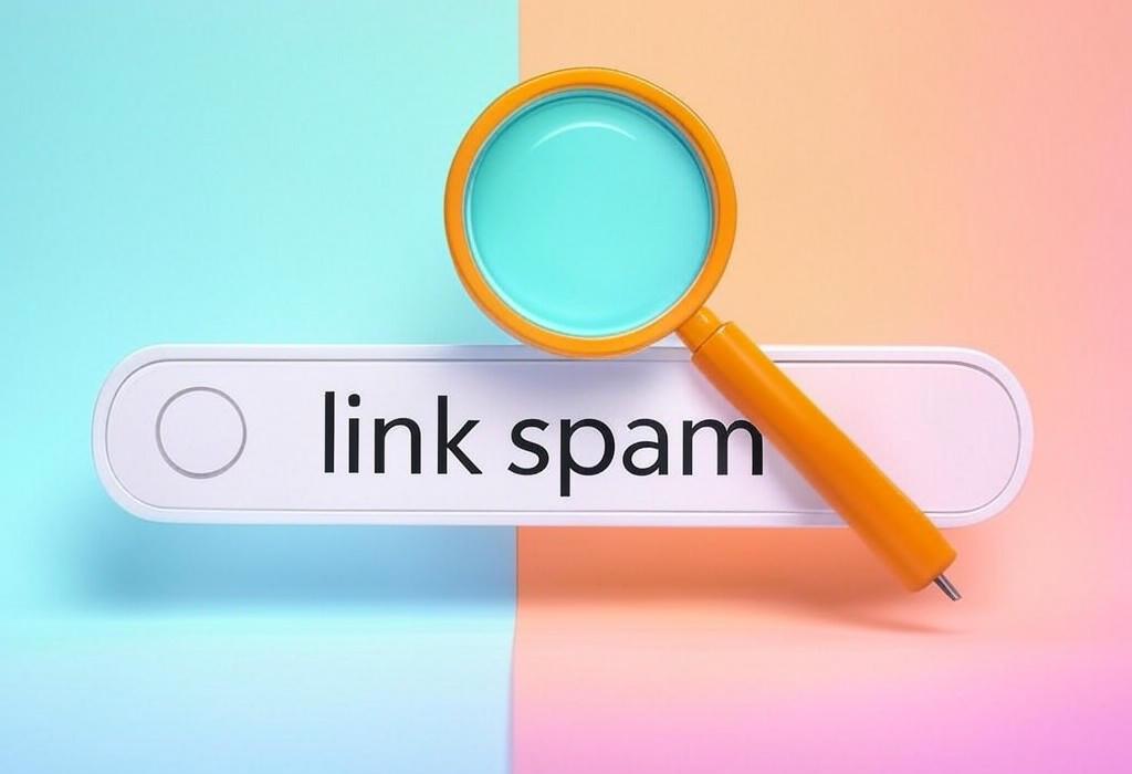 A search bar and a magnifying glass with a vivid gradient background exploring the topic of Link spam ruins your SEO and can get your site penalized. Discover what it is, how to recognize these harmful backlinks, and protect your website from Google's penalties.