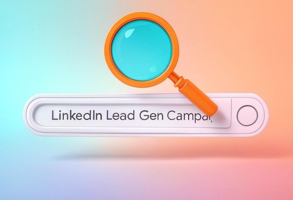 A search bar and a magnifying glass with a vivid gradient background exploring the topic of LinkedIn Lead Gen Campaign secrets revealed! Boost your conversions with our step-by-step guide. Learn proven tactics to capture quality leads and maximize ROI without wasting ad budget.
