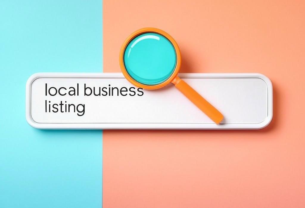 A search bar and a magnifying glass with a vivid gradient background exploring the topic of Local business listings boost visibility where customers are searching. Discover how to claim, optimize, and manage your online presence to attract more foot traffic and dominate local search results.