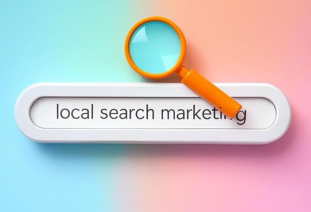 A search bar and a magnifying glass with a vivid gradient background exploring the topic of Local search marketing puts your business on the map where customers are looking. Discover the top strategies to dominate your neighborhood and watch foot traffic soar! Your competitors don't want you to know this.
