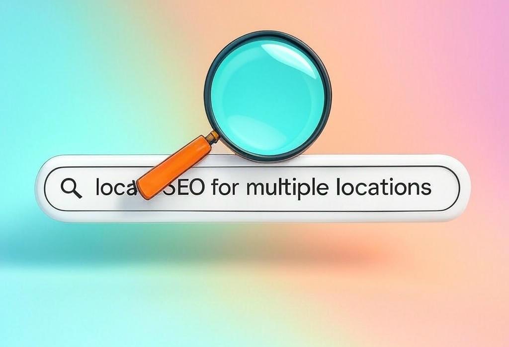 A search bar and a magnifying glass with a vivid gradient background exploring the topic of Local SEO for multiple locations made simple! Boost visibility for all your business locations with our proven strategies. Get more customers through every door without the hassle.