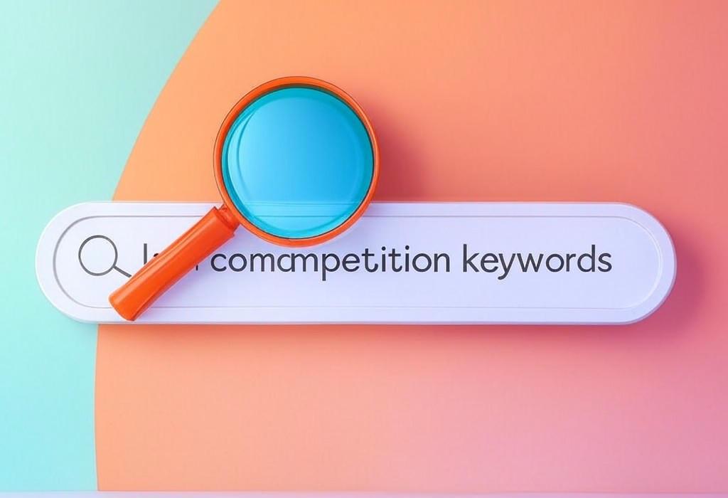A search bar and a magnifying glass with a vivid gradient background exploring the topic of Low competition keywords are your ticket to ranking faster! Discover how to find these hidden gems and outrank your competitors without breaking a sweat. Start dominating search results today.
