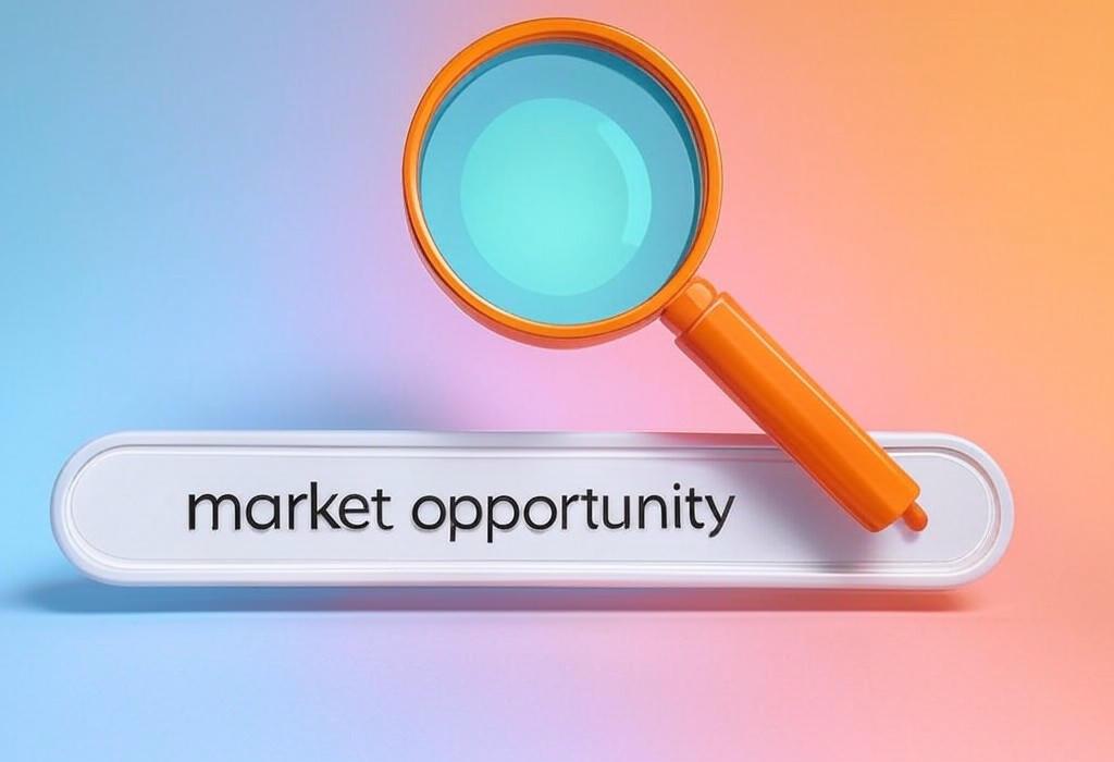 A search bar and a magnifying glass with a vivid gradient background exploring the topic of Market opportunity awaits! Discover how to identify, evaluate, and seize untapped potential in your industry. Transform challenges into growth and beat your competitors today.