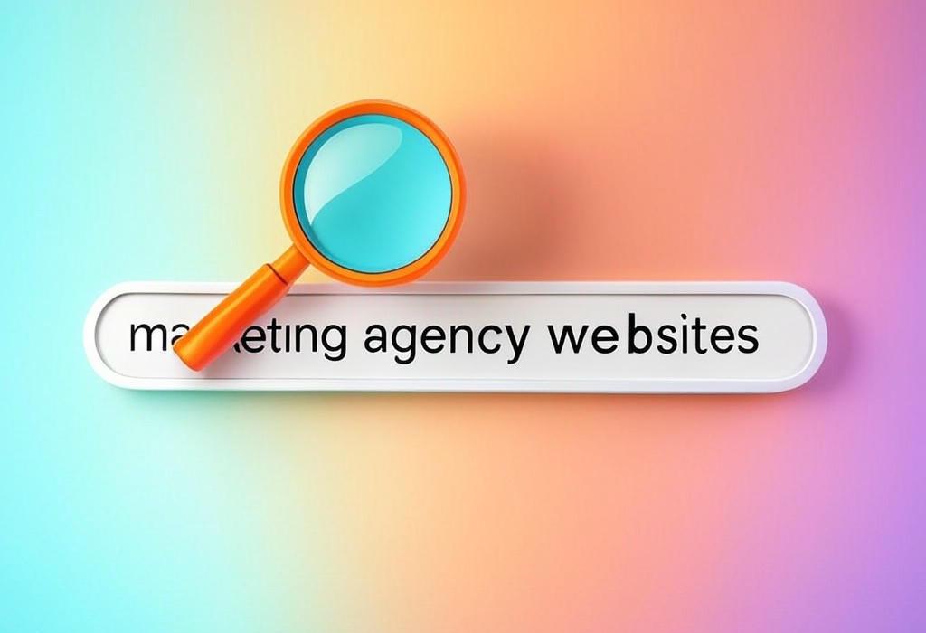 A search bar and a magnifying glass with a vivid gradient background exploring the topic of Marketing agency websites that dazzle clients and drive results. See how top agencies showcase their work, build trust, and convert visitors into eager clients. Stand out from competitors!