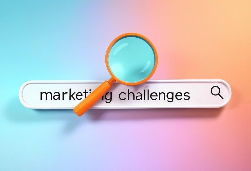 A search bar and a magnifying glass with a vivid gradient background exploring the topic of Marketing challenges got you stuck? Discover proven solutions to overcome common obstacles and transform your strategy. Unlock growth opportunities you never thought possible!