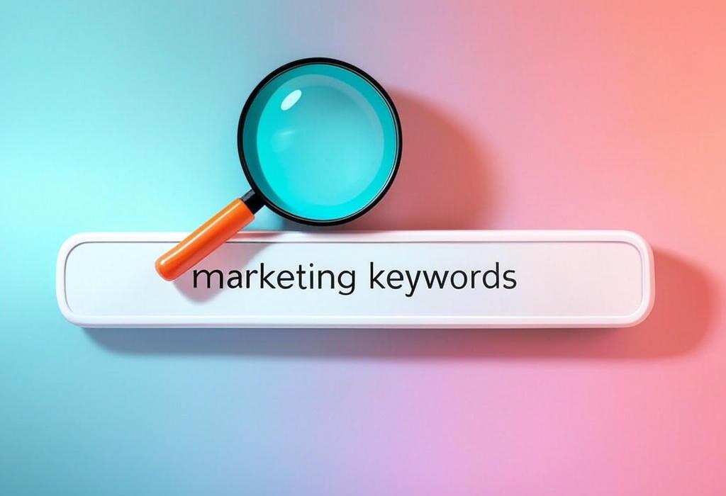 A search bar and a magnifying glass with a vivid gradient background exploring the topic of Marketing keywords unlock your search visibility potential! Discover proven strategies to find and use high-converting terms that connect your business with eager customers. Get more clicks now!
