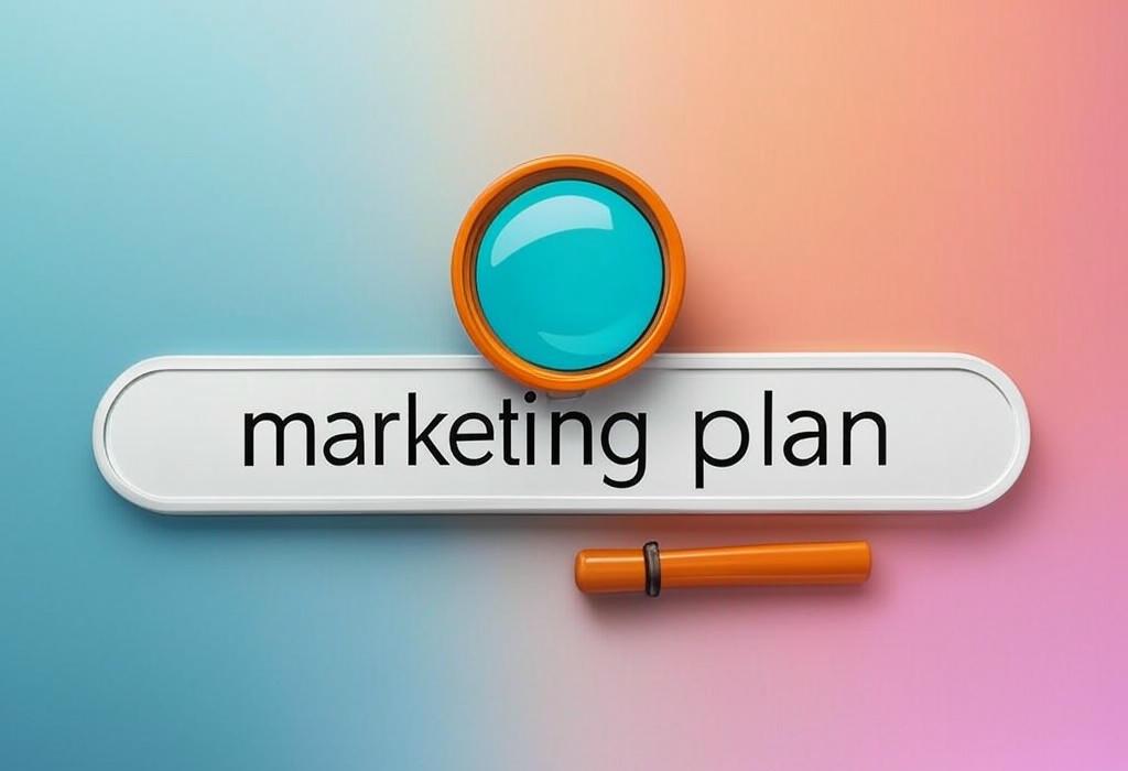 A search bar and a magnifying glass with a vivid gradient background exploring the topic of Create a marketing plan that drives real results! Discover step-by-step strategies to boost your business, attract your ideal customers, and crush your competition. Start winning today!