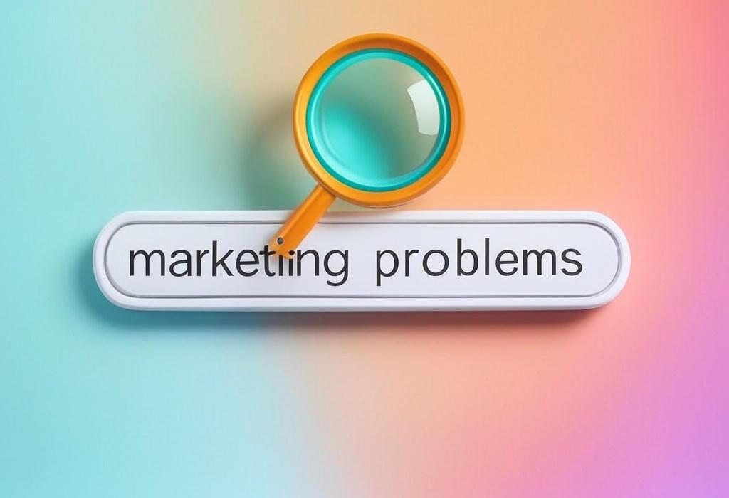 A search bar and a magnifying glass with a vivid gradient background exploring the topic of Marketing problems weighing you down? Discover proven solutions to overcome common challenges and transform your strategy for better results. Don't let obstacles block your growth!