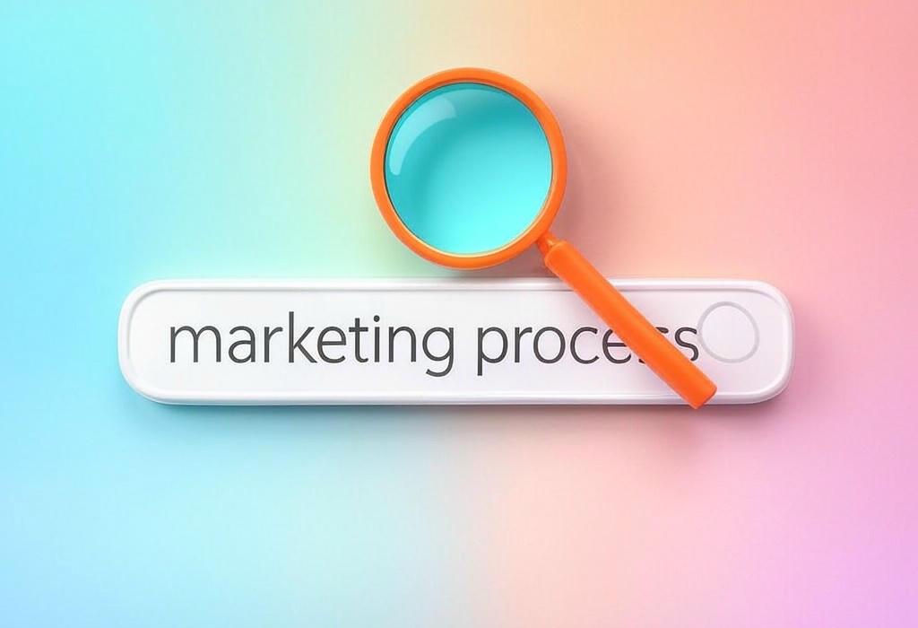 A search bar and a magnifying glass with a vivid gradient background exploring the topic of Marketing process simplified! Discover 5 essential steps that transform your strategy into results. Get more leads, boost sales, and outshine competitors with expert tactics.