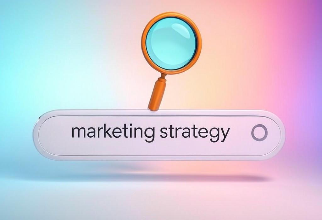 A search bar and a magnifying glass with a vivid gradient background exploring the topic of Marketing strategy that works! Discover proven steps to boost your business growth, attract ideal customers, and crush your competition. Learn the secrets successful brands don't share.