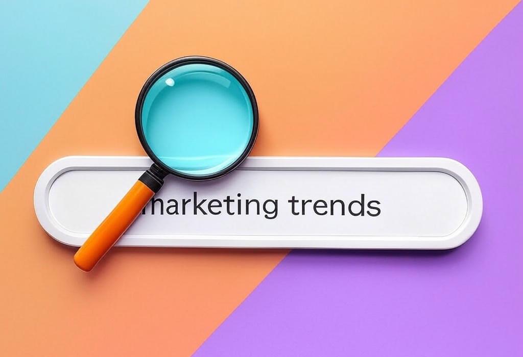 A search bar and a magnifying glass with a vivid gradient background exploring the topic of Marketing trends that will transform your business. Discover innovative strategies, stay ahead of competitors, and boost your ROI with these game-changing tactics. Click now!