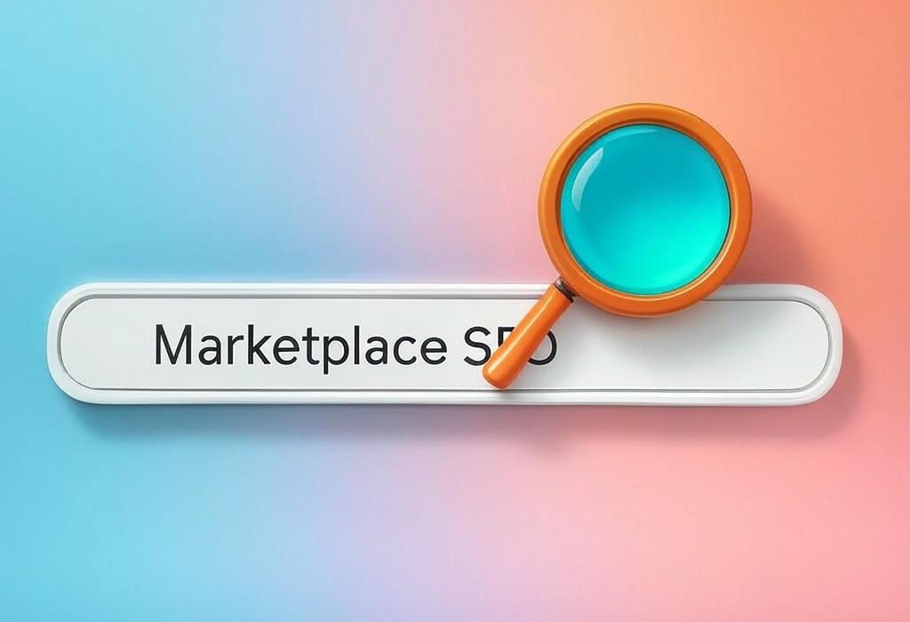 A search bar and a magnifying glass with a vivid gradient background exploring the topic of Marketplace SEO strategies that boost visibility and drive more sales. Learn insider tactics to outrank competitors and attract hungry buyers to your online store. Click for expert tips!