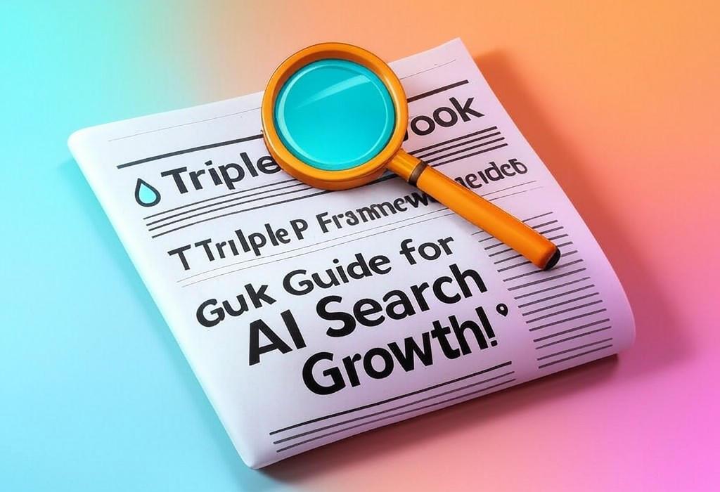 A newspaper and a magnifying glass with a vivid gradient background exploring the topic of Triple P Framework secrets revealed! See how Presence, Perception, and Performance define brand success in AI Search. Are you ready to adapt?