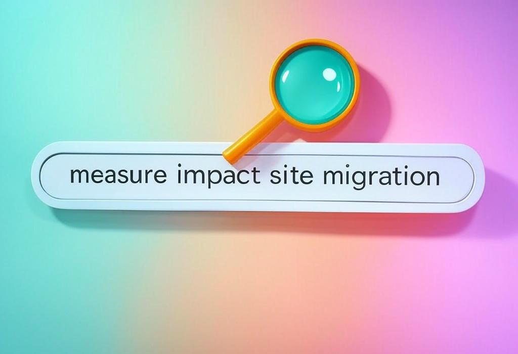 A search bar and a magnifying glass with a vivid gradient background exploring the topic of Measure impact site migration with our expert guide! Uncover hidden pitfalls, track performance shifts, and guarantee success. Don't let your traffic tank after moving your website.