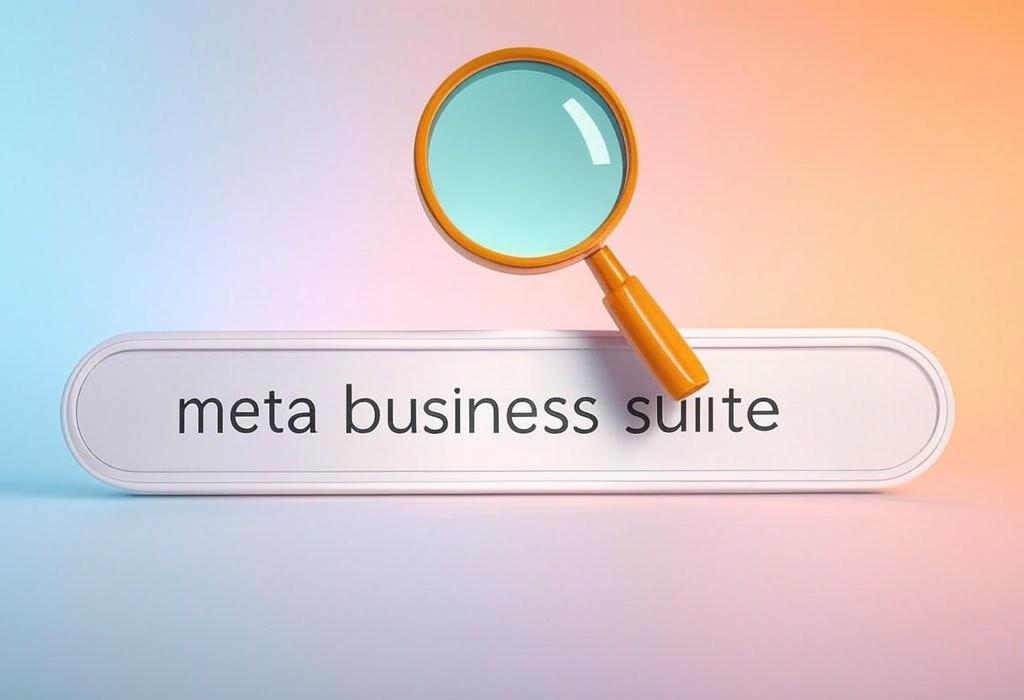 A search bar and a magnifying glass with a vivid gradient background exploring the topic of Meta Business Suite: Your all-in-one command center to manage Facebook & Instagram profiles, schedule posts, analyze insights, and grow your audience. Get more done in less time!