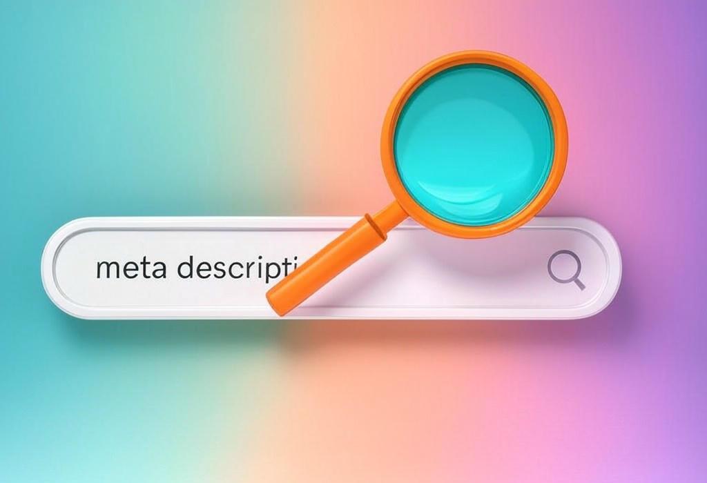 A search bar and a magnifying glass with a vivid gradient background exploring the topic of Meta descriptions are your website's secret weapon for higher CTR. Learn how to craft compelling snippets that attract clicks, improve SEO, and make Google fall in love with your content.