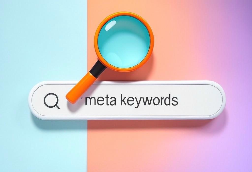 A search bar and a magnifying glass with a vivid gradient background exploring the topic of Meta keywords are relics from the past that search engines ignore. Learn why you shouldn't waste time adding them to your site and what to focus on instead for SEO success.