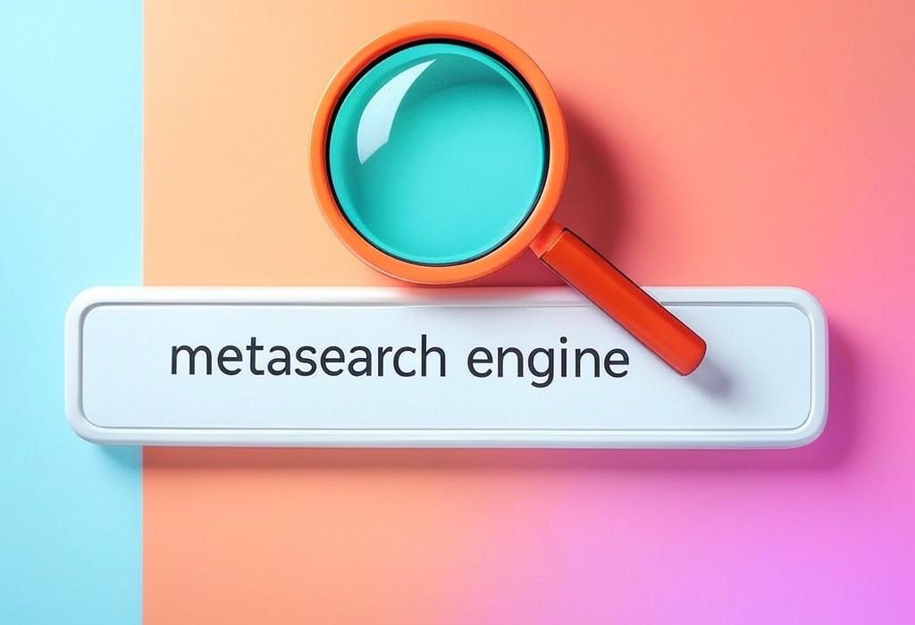 A search bar and a magnifying glass with a vivid gradient background exploring the topic of Metasearch engines save you time by searching multiple platforms at once. Discover how they work, their benefits, and which ones give you the most comprehensive results in just seconds.