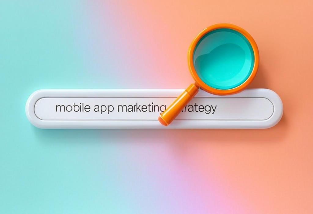 A search bar and a magnifying glass with a vivid gradient background exploring the topic of Mobile app marketing strategy that actually works! Discover proven tactics to skyrocket downloads, boost user engagement, and maximize ROI. Don't waste time on guesswork!