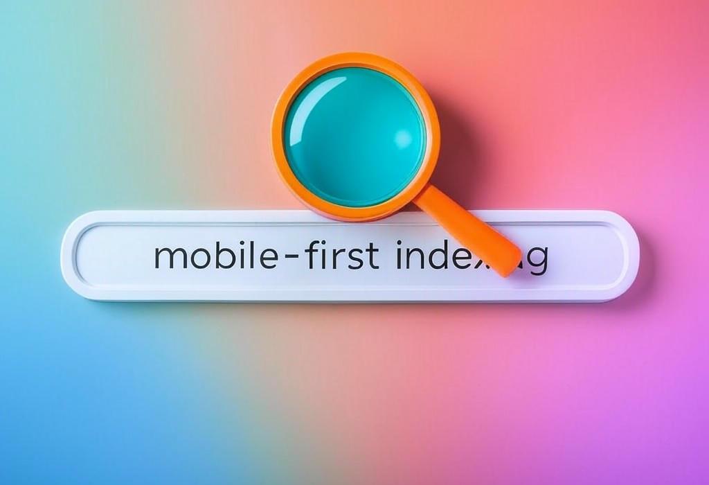 A search bar and a magnifying glass with a vivid gradient background exploring the topic of Mobile-first indexing means Google now looks at your site's mobile version before desktop. Avoid losing traffic! Learn how your rankings depend on mobile-friendly pages, even if most visitors use computers.