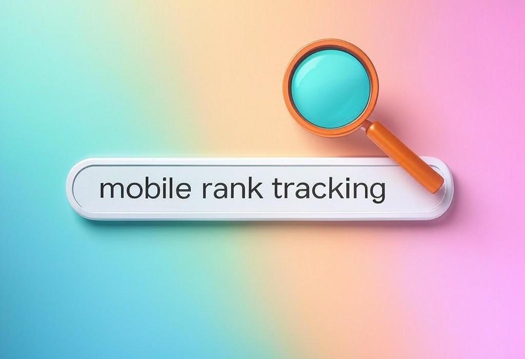 A search bar and a magnifying glass with a vivid gradient background exploring the topic of Mobile rank tracking reveals your true SEO performance where it matters most. Discover how your site ranks on phones vs desktops and boost visibility where most people actually search!