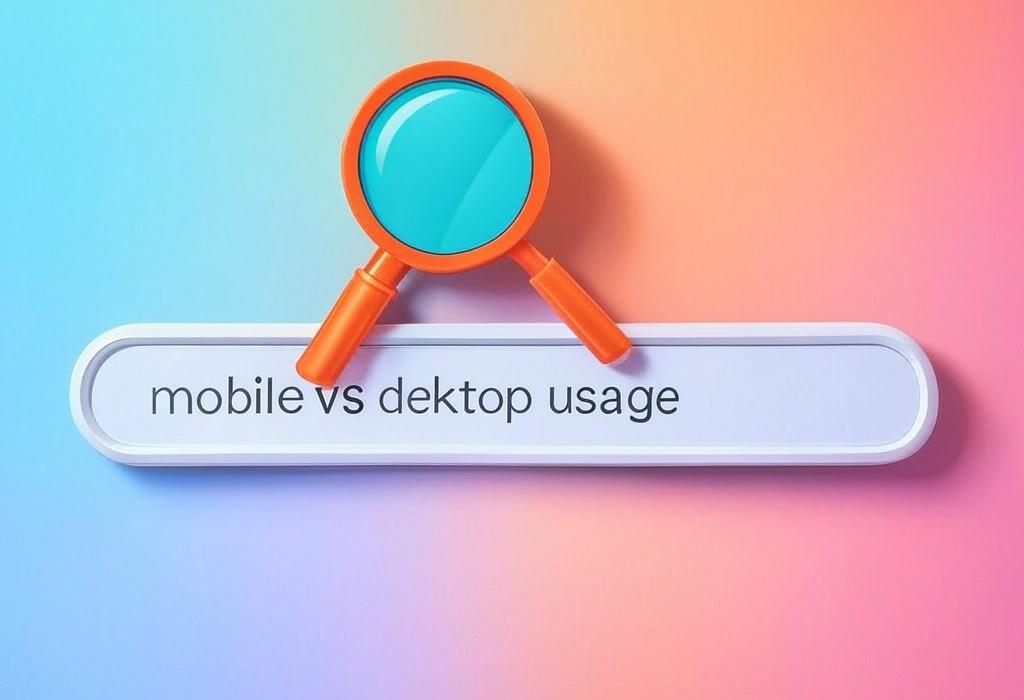 A search bar and a magnifying glass with a vivid gradient background exploring the topic of Mobile vs desktop usage trends are changing fast! Discover surprising stats about how people browse and what this means for your website's success. Get the full breakdown now.