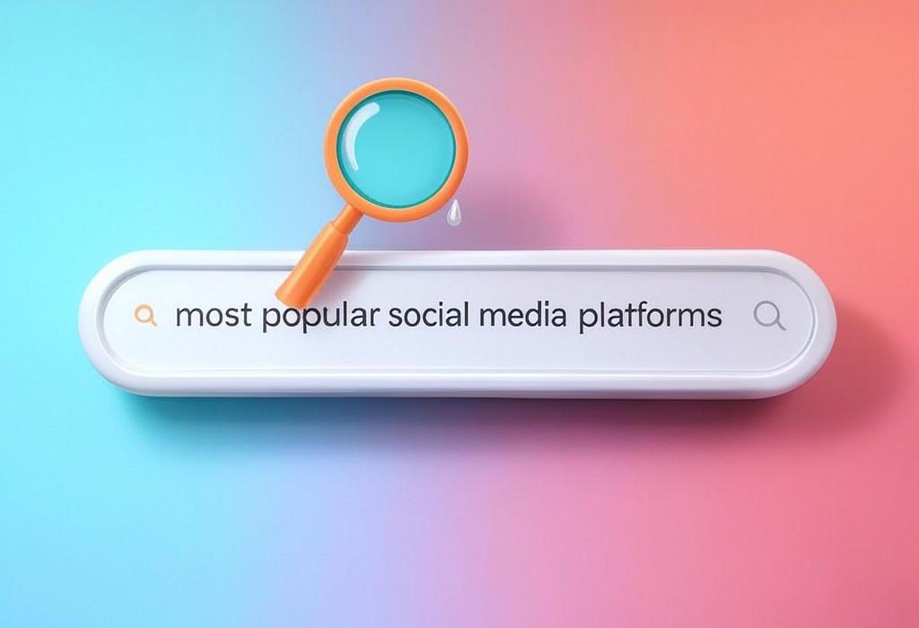 A search bar and a magnifying glass with a vivid gradient background exploring the topic of The most popular social media platforms ranked! Discover who's winning the battle for your attention and why they're dominating. Find out which platform fits your style!