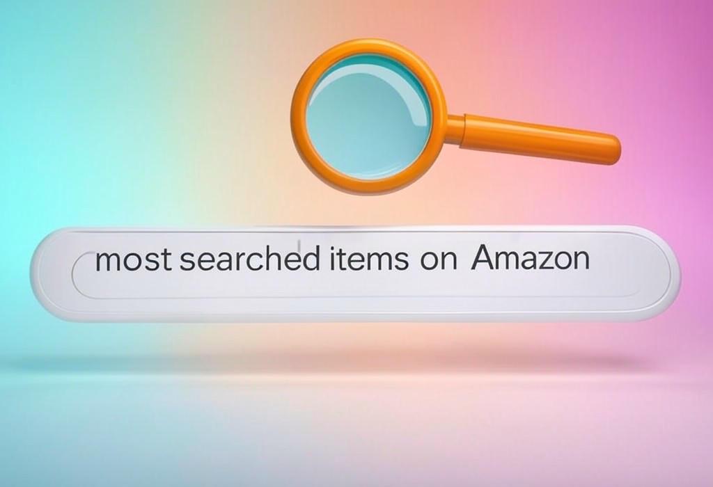 A search bar and a magnifying glass with a vivid gradient background exploring the topic of Most searched items on Amazon revealed! Discover what shoppers can't resist, trending products flying off virtual shelves, and hidden gems you never knew existed. Shop smarter today!