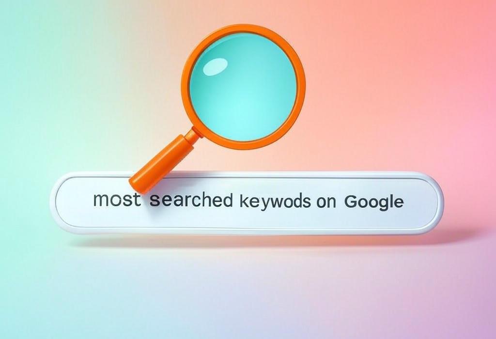 A search bar and a magnifying glass with a vivid gradient background exploring the topic of Most searched keywords on Google revealed! Discover what millions are looking for and how to use these popular search terms to boost your traffic and outrank competitors.