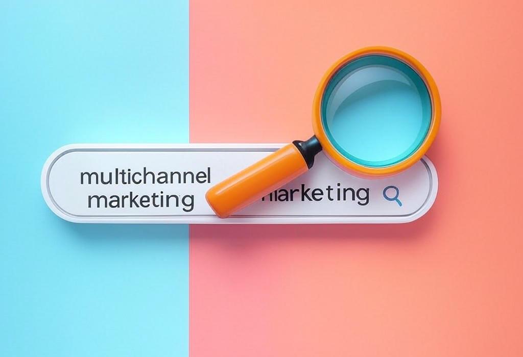 A search bar and a magnifying glass with a vivid gradient background exploring the topic of Multichannel marketing boosts your reach across platforms where your audience hangs out. Learn proven strategies to connect with customers and skyrocket your conversions!