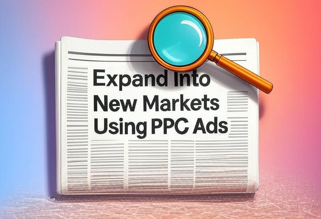 A newspaper and a magnifying glass with a vivid gradient background exploring the topic of Break into new markets with PPC without the usual headaches. Discover proven tactics to expand your reach and capture customers globally. Your growth guide awaits!