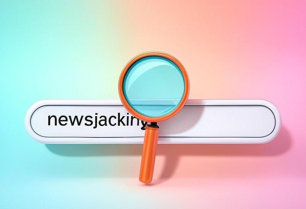 A search bar and a magnifying glass with a vivid gradient background exploring the topic of Newsjacking: The insider strategy that turns breaking news into your brand's golden opportunity. Steal the spotlight and boost traffic while everyone else is still catching up!