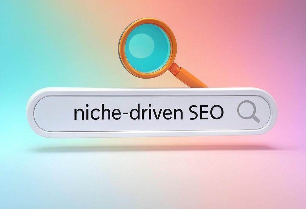 A search bar and a magnifying glass with a vivid gradient background exploring the topic of Niche-driven SEO unlocks hidden traffic goldmines your competitors don't see. Discover how to dominate specific market segments and attract highly qualified visitors who actually convert.