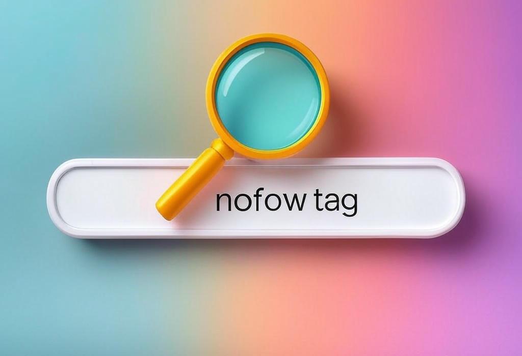 A search bar and a magnifying glass with a vivid gradient background exploring the topic of Nofollow tag: the secret weapon that tells search engines to ignore specific links. Discover why savvy marketers use this powerful HTML attribute to protect their SEO and avoid Google penalties!