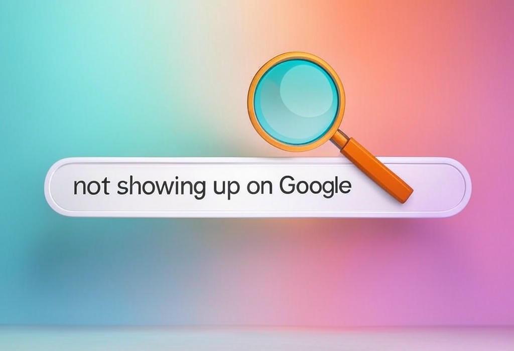 A search bar and a magnifying glass with a vivid gradient background exploring the topic of Not showing up on Google? Discover why your business is invisible online and learn 5 proven fixes to boost your visibility. Get found by customers who need you right now!